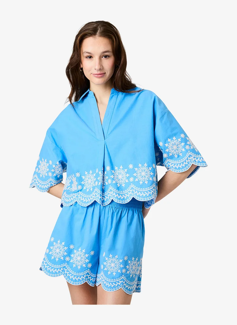 فرنش كونكشن Women's Poolside Blue-White Alissa Cotton Embroid Popover