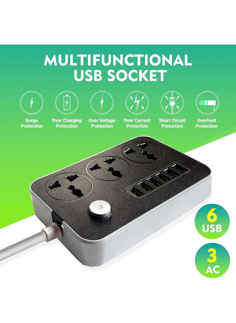 VIUAUAX سلك تمديد شرائط الطاقة 3 منافذ، مقبس طاقة مع 6 منافذ USB مقبس شحن عالمي مع سلك تمديد جريء بطول 2 متر - Image 2