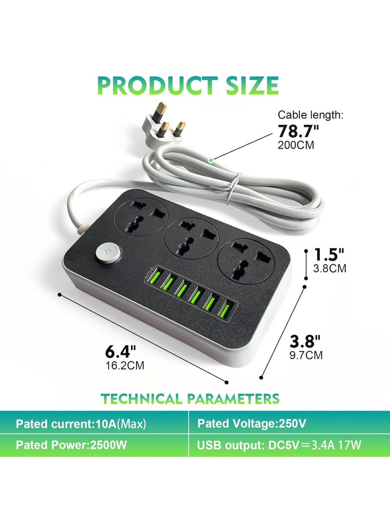 VIUAUAX سلك تمديد شرائط الطاقة 3 منافذ، مقبس طاقة مع 6 منافذ USB مقبس شحن عالمي مع سلك تمديد جريء بطول 2 متر - Image 3