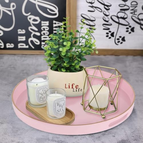 Fuukou Pink Decorative Tray,Elegant Round Plastic Serving Tray with Handles,Round Ottoman Trays Coffee Table Trays for Living Room,Home Decor 13" - Image 4