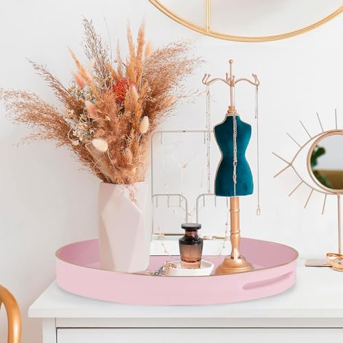 Fuukou Pink Decorative Tray,Elegant Round Plastic Serving Tray with Handles,Round Ottoman Trays Coffee Table Trays for Living Room,Home Decor 13" - Image 2