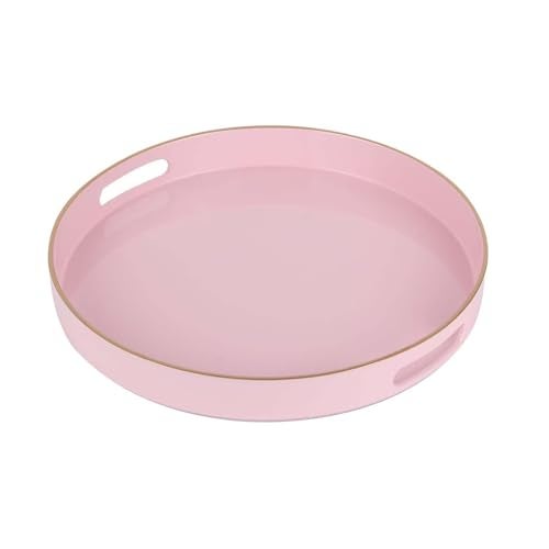 Fuukou Pink Decorative Tray,Elegant Round Plastic Serving Tray with Handles,Round Ottoman Trays Coffee Table Trays for Living Room,Home Decor 13" - Image 1
