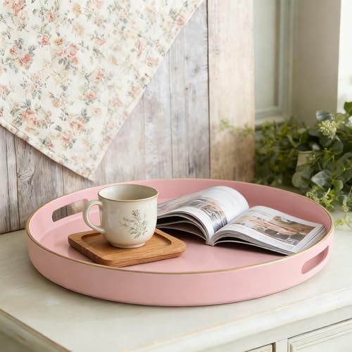 Fuukou Pink Decorative Tray,Elegant Round Plastic Serving Tray with Handles,Round Ottoman Trays Coffee Table Trays for Living Room,Home Decor 13" - Image 3
