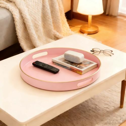 Fuukou Pink Decorative Tray,Elegant Round Plastic Serving Tray with Handles,Round Ottoman Trays Coffee Table Trays for Living Room,Home Decor 13" - Image 5