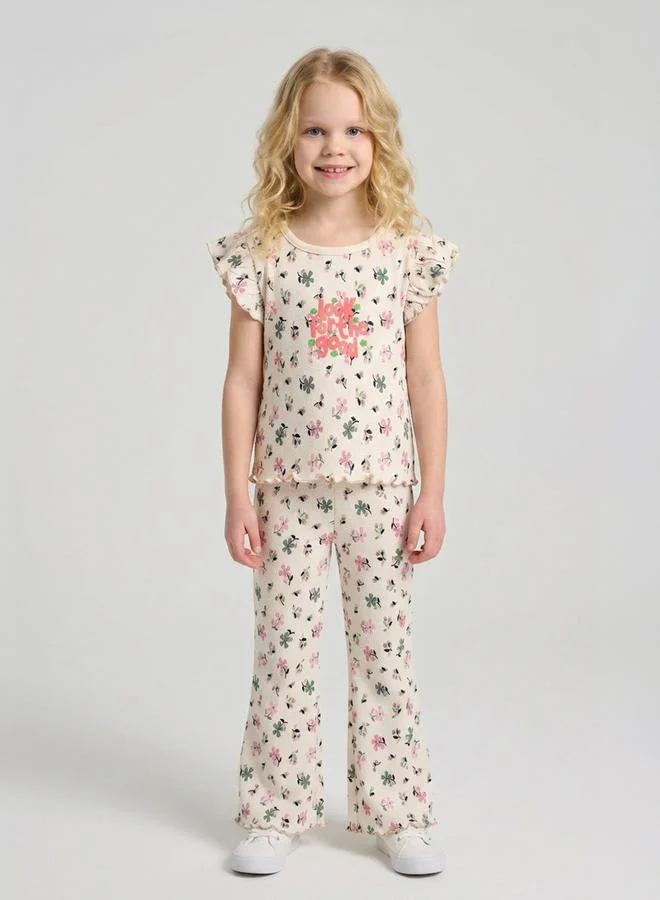 Take Two Girls Cream Floral Print Ruffle Sleeves T-Shirt and Pants Co-Ord Set By Juniorloom