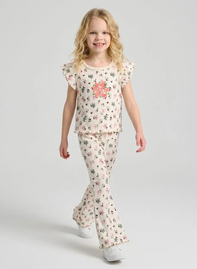 Take Two  Girls Cream Floral Print Ruffle Sleeves T-Shirt and Pants Co-Ord Set By Juniorloom for Women | Best Price UAE