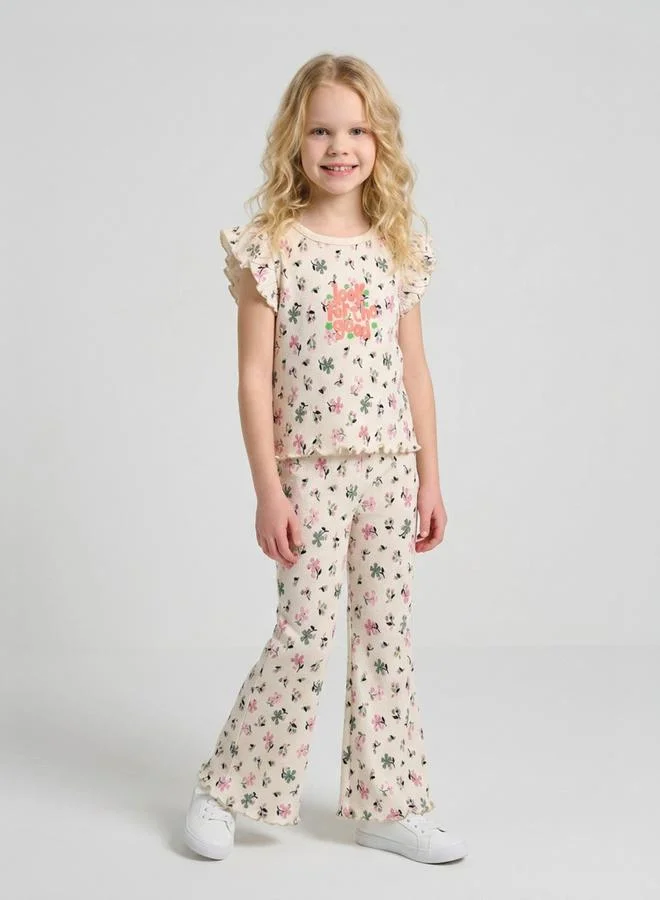 Take Two Girls Cream Floral Print Ruffle Sleeves T-Shirt and Pants Co-Ord Set By Juniorloom