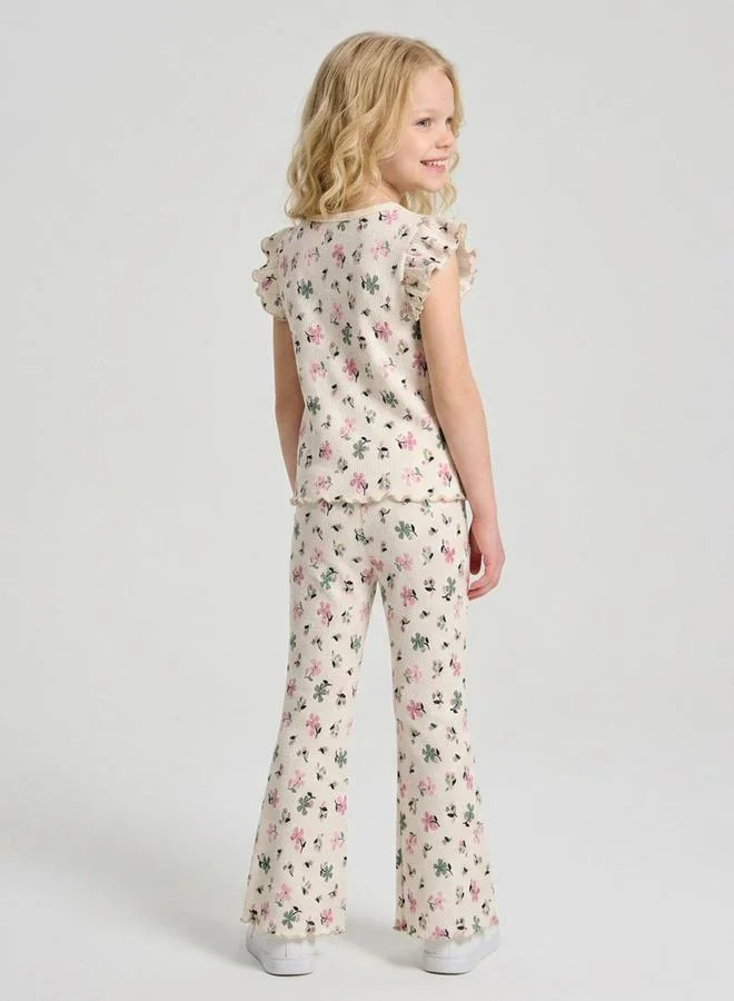 Take Two  Girls Cream Floral Print Ruffle Sleeves T-Shirt and Pants Co-Ord Set By Juniorloom for Women | Best Price UAE