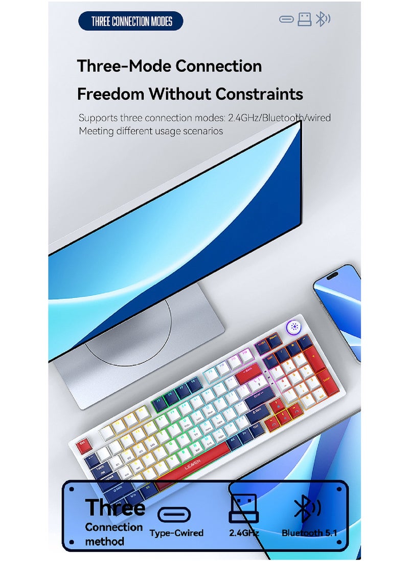 LEAVEN - 96-Key Mechanical Keyboard - Hot Swap - Blue Switch -  2.4GHz/Bluetooth/Type-C Wired - Gaming Keyboard - Office Keyboard - RGB Lighting Effect - Computer Keyboard - Image 1