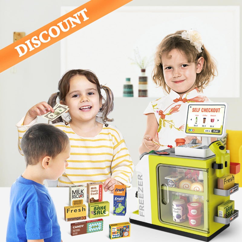 deAO Cash Register Toy Coffee Machine Toy - 2 in 1 Pretend Play Store with Credit Card, Play Money, Food, Scanner Learning Toys - Gift for Boys and Girls Ages 3+(Green) - Image 5