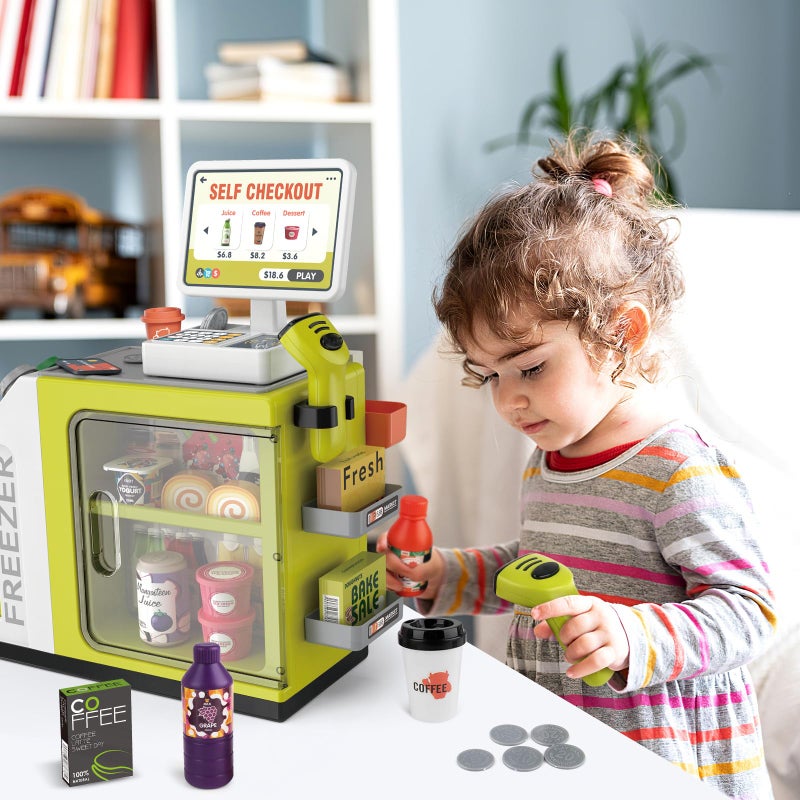 deAO Cash Register Toy Coffee Machine Toy - 2 in 1 Pretend Play Store with Credit Card, Play Money, Food, Scanner Learning Toys - Gift for Boys and Girls Ages 3+(Green) - Image 4