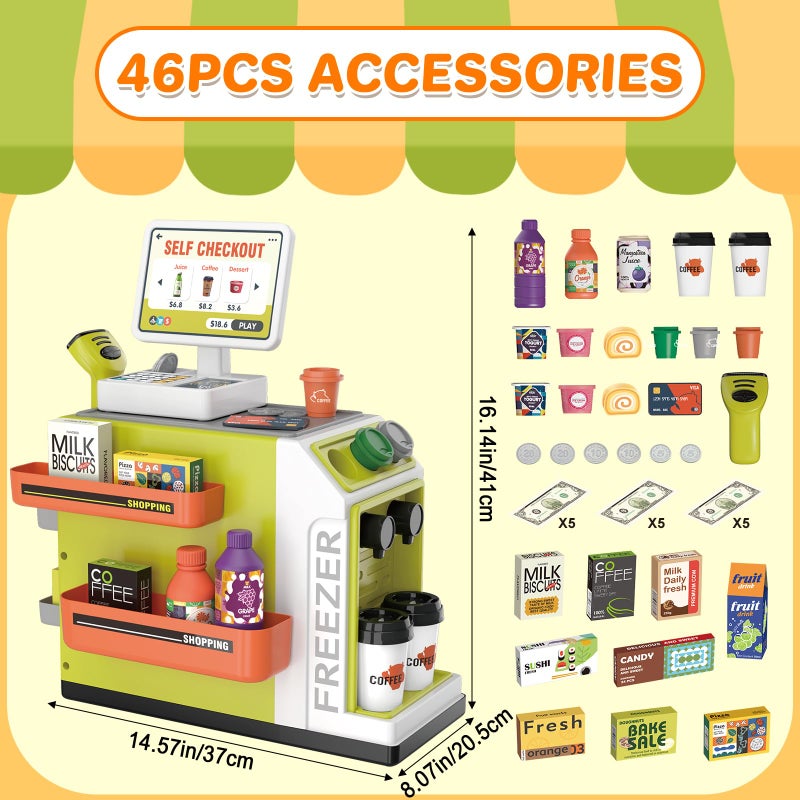 deAO Cash Register Toy Coffee Machine Toy - 2 in 1 Pretend Play Store with Credit Card, Play Money, Food, Scanner Learning Toys - Gift for Boys and Girls Ages 3+(Green) - Image 3