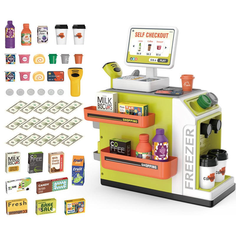 deAO Cash Register Toy Coffee Machine Toy - 2 in 1 Pretend Play Store with Credit Card, Play Money, Food, Scanner Learning Toys - Gift for Boys and Girls Ages 3+(Green) - Image 1