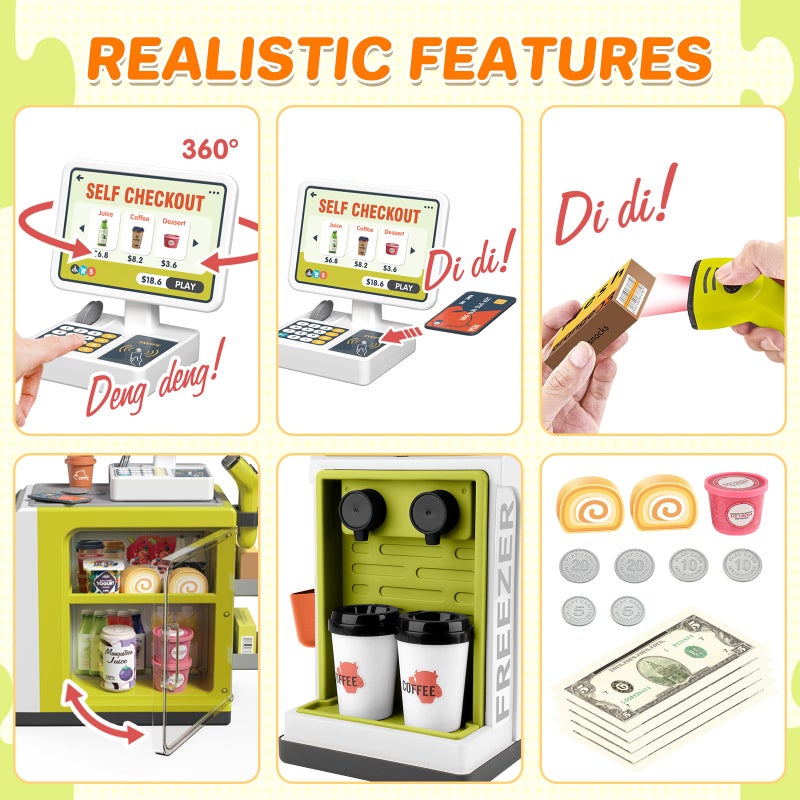 deAO Cash Register Toy Coffee Machine Toy - 2 in 1 Pretend Play Store with Credit Card, Play Money, Food, Scanner Learning Toys - Gift for Boys and Girls Ages 3+(Green) - Image 2