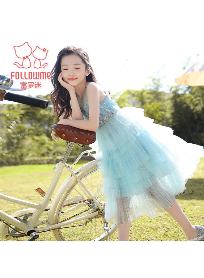 Follow Me Girls' Dress, Cake Princess Dress, Little Girl Tulle Cake Skirt, Big Kids Formal Dress, Blue, Size 120
