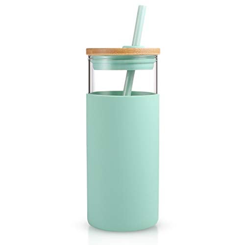 Tronco 20 oz Glass Tumbler with Lid and Straw, Iced Coffee Cup and Smoothie Cup with Bamboo Lids & Protective Silicone Sleeve, Dishwasher Safe, BPA-Free, Glass Cup 1 Pack - Image 1