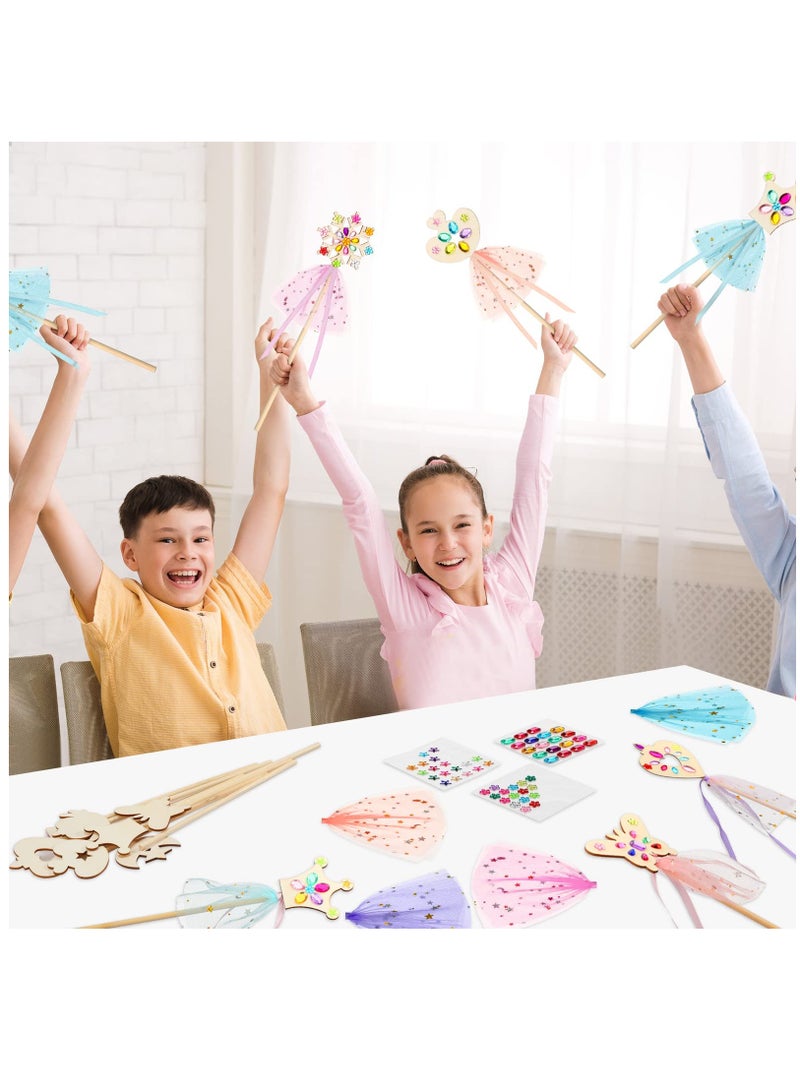 Excefore 32 Pcs Make Your Own Princess Wand Kit 18 Unfinished Star Butterfly Crown Moon Fairy Wood Stick 6 Gem Stickers 4 Satin Ribbons 4 Mesh Decor for Halloween Cosplay Party Accessories DIY Art Craft Making - Image 5