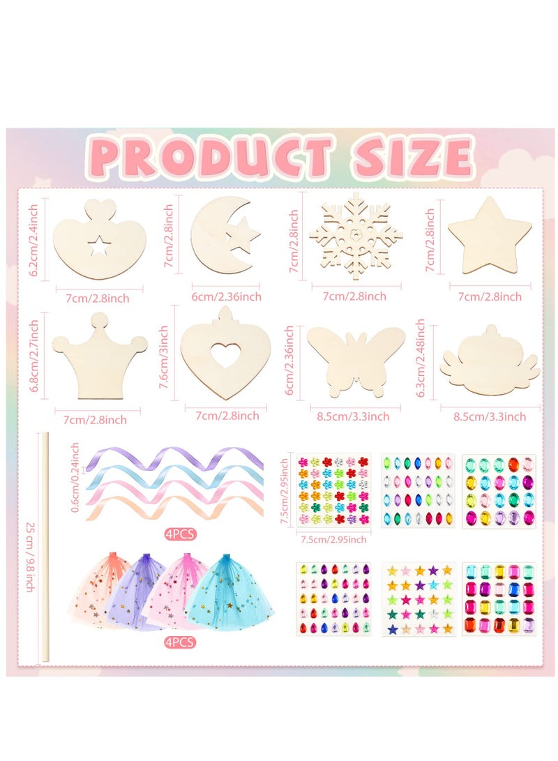 Excefore 32 Pcs Make Your Own Princess Wand Kit 18 Unfinished Star Butterfly Crown Moon Fairy Wood Stick 6 Gem Stickers 4 Satin Ribbons 4 Mesh Decor for Halloween Cosplay Party Accessories DIY Art Craft Making - Image 3