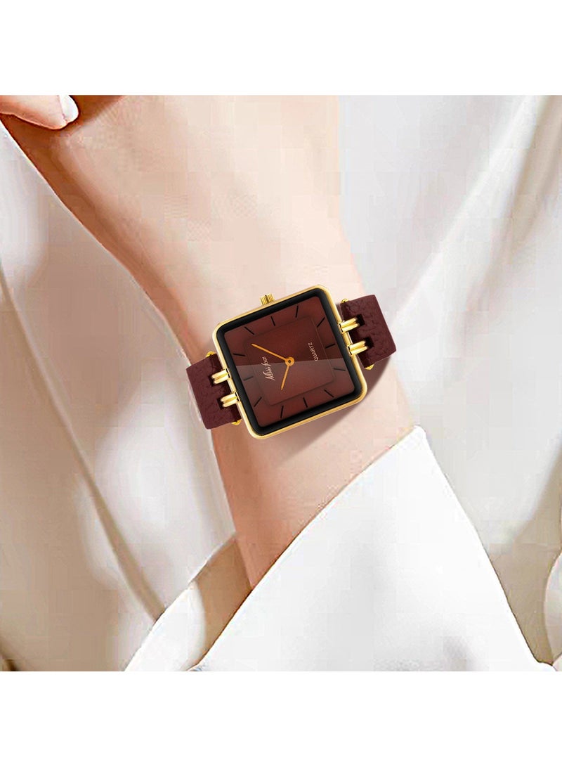مس_فوكس ساعة نسائية بسيطة بمينا مربعة وحزام جلدي عصري ساعة كوارتز للسيدات - Image 2