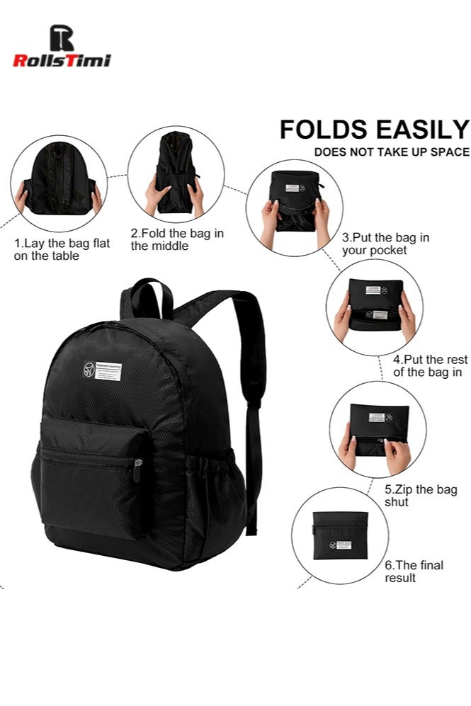 رولستيمي حقيبة ظهر قابلة للطي مزدوجة الكتف مع شبكة المعين ، والسفر والترفيه حقيبة ظهر الطالب خفيفة الوزن للتخييم السفر في الهواء الطلق ، والعمل التنقل ، حقيبة مدرسية للطلاب ، أسود - Image 5