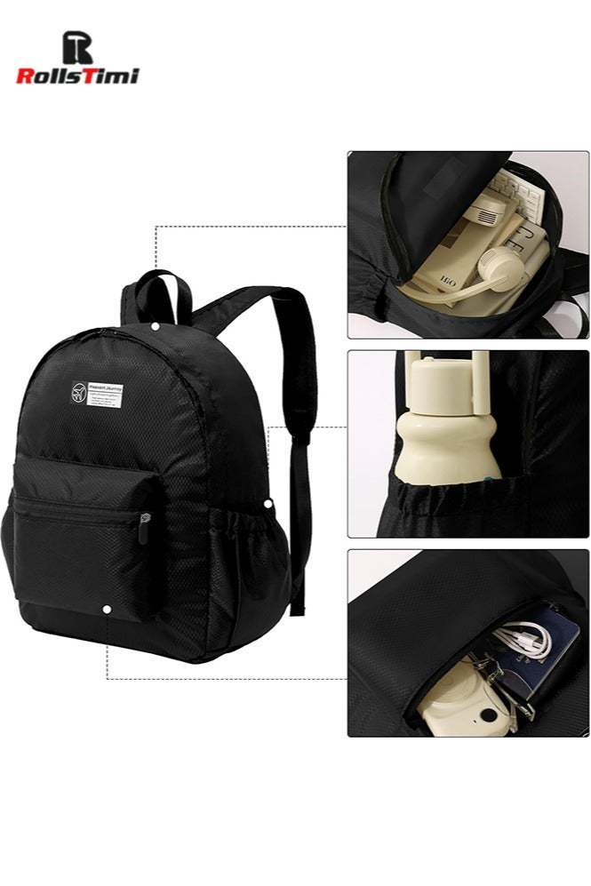 رولستيمي حقيبة ظهر قابلة للطي مزدوجة الكتف مع شبكة المعين ، والسفر والترفيه حقيبة ظهر الطالب خفيفة الوزن للتخييم السفر في الهواء الطلق ، والعمل التنقل ، حقيبة مدرسية للطلاب ، أسود - Image 4
