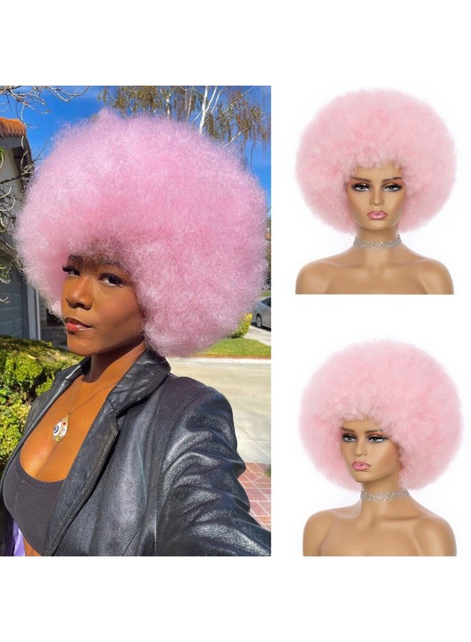 JSDshine Pink 70s Afro Curly Wig For Women - Soft, Bouncy, Natural Looking Synthetic Hair Wig With Bangs - Image 1
