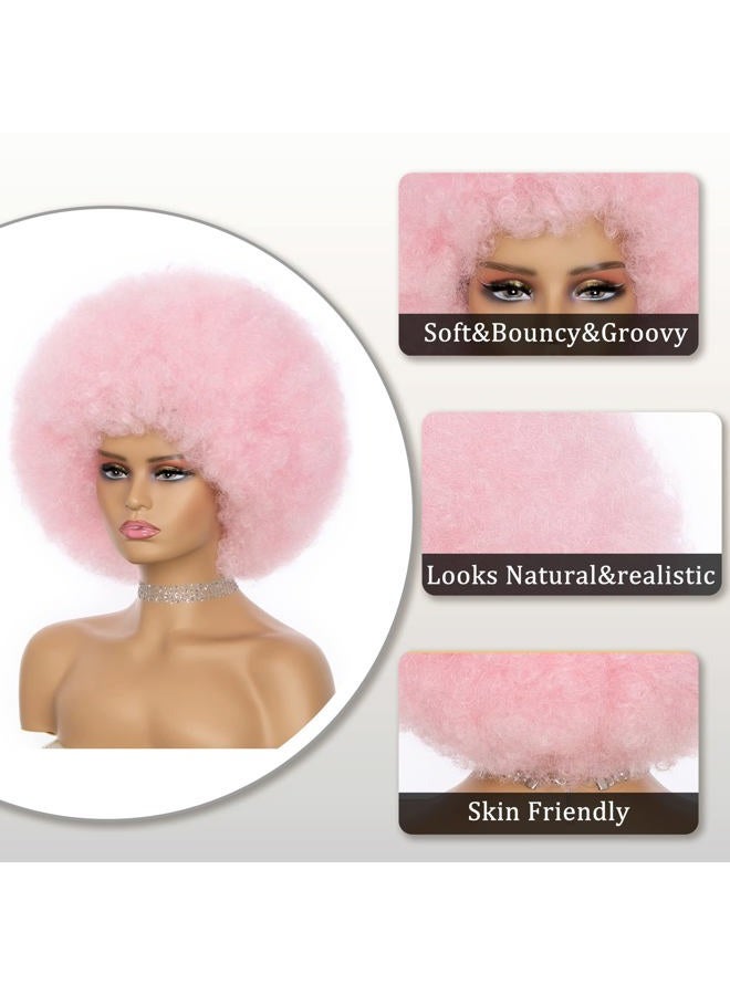 JSDshine Pink 70s Afro Curly Wig For Women - Soft, Bouncy, Natural Looking Synthetic Hair Wig With Bangs - Image 4