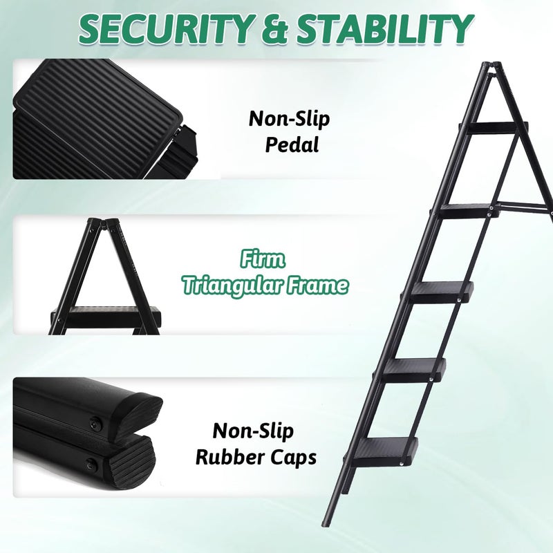 OOSOFITT 5-Step Folding Ladder, Heavy Duty Ladders for Home & Kitchen, Folding Ladder Easy to Store, Tall Ladder for Adults, Anti-Slip & Space-Saving Step Ladder, 330 Lbs Capacity - Image 2