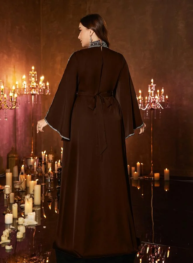 Unithorse Plus Size Brown Sequin Maxi Dress with Bell Sleeves