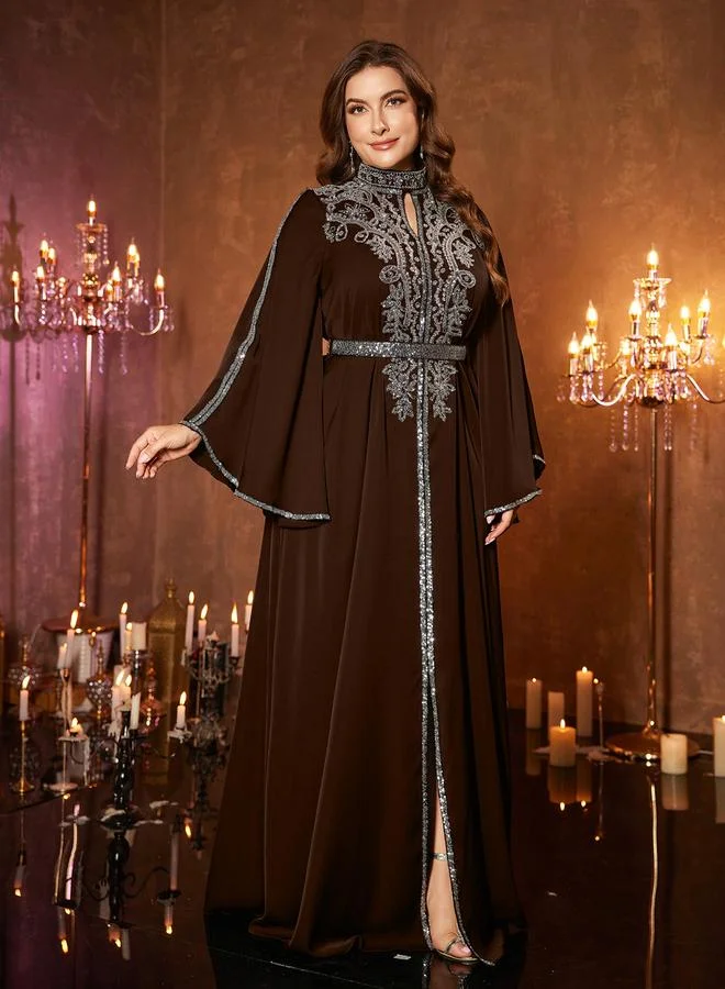 Plus Size Brown Sequin Maxi Dress with Bell Sleeves