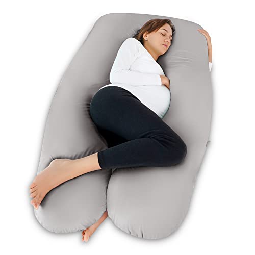 Meiz Pregnancy Pillow, Cooling Silky Pregnancy Pillows for Sleeping, Maternity Body Pillow for Pregnant Woman with Cooling Silk Jersey Cover, Light Grey - Image 1