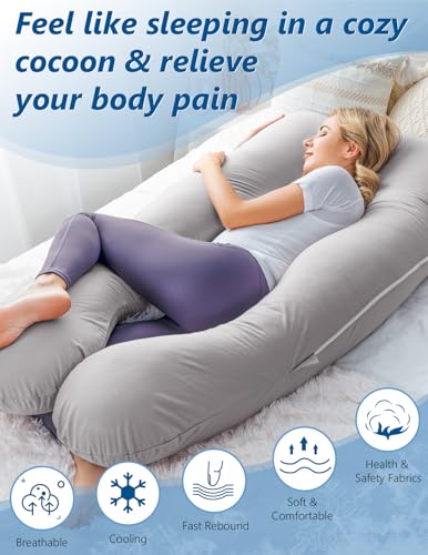 Meiz Pregnancy Pillow, Cooling Silky Pregnancy Pillows for Sleeping, Maternity Body Pillow for Pregnant Woman with Cooling Silk Jersey Cover, Light Grey - Image 4