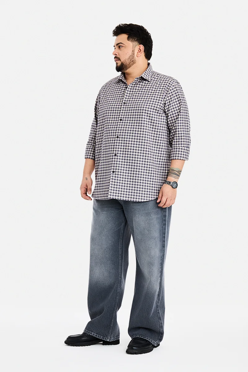 سنيتش Grey Checkered Long Sleeve Regular Fit Plus Size Shirt