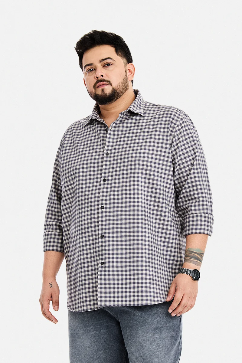 سنيتش Grey Checkered Long Sleeve Regular Fit Plus Size Shirt