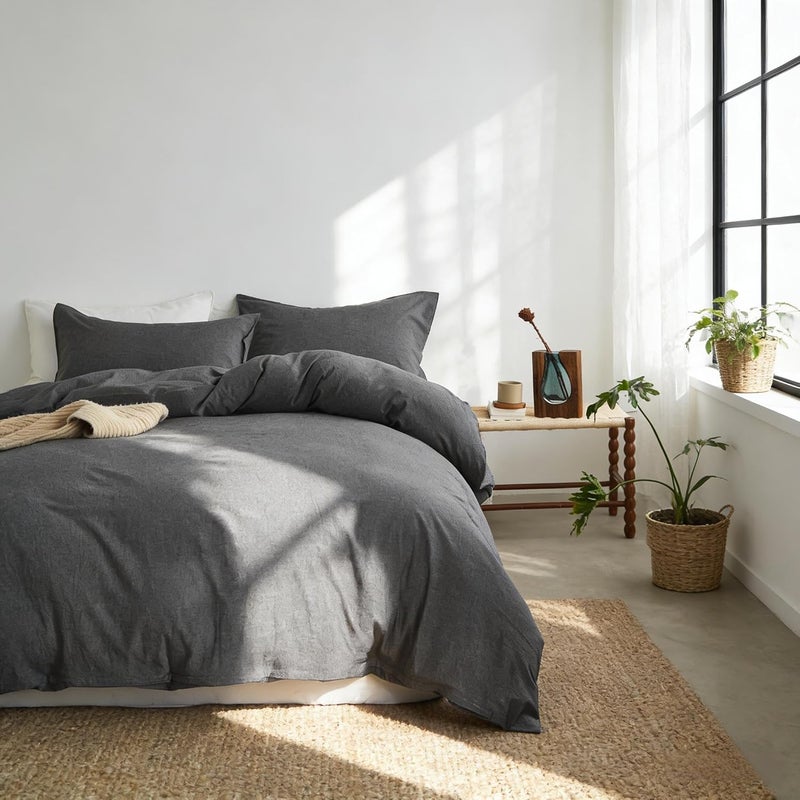 Simple&Opulence Duvet Cover Set 100% Washed Cotton Comfy Soft Breathable Cozy Textured Solid Color Comforter Cover for All Seasons Bedding Sets, Charcoal Grey Double 200x200cm - Image 3