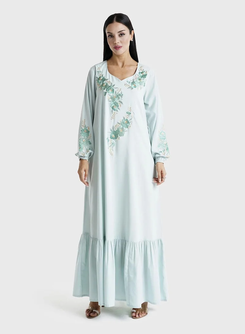 KASHKHA Dusty Green Solid Rayon Embroidered Home Wear Jalabiya (VG2871)