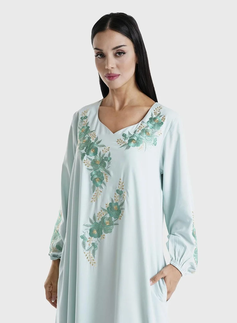KASHKHA Dusty Green Solid Rayon Embroidered Home Wear Jalabiya (VG2871)