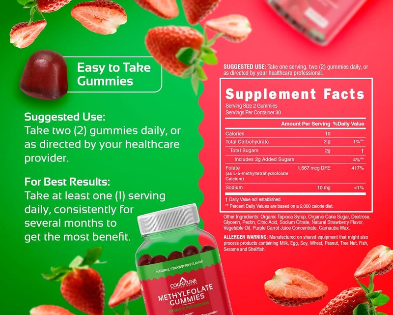 CogniTune Methylfolate Gummies  Easy to Take High Potency LMethylfolate Folate Supplement for Brain Heart Health  Immunity Delicious Strawberry Flavor NonGMO Vegan GlutenFree - Image 4