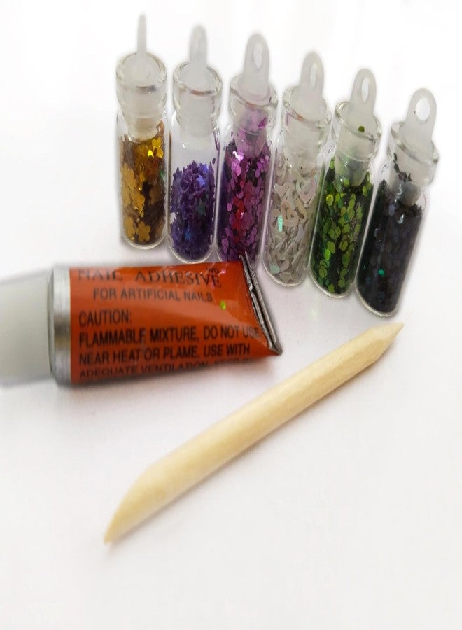 Ritzkart Mini Nail Art Kit with 6 Mini Glitter Bottle and Nail Adhesive for Artificial Nails and a Wooden Small Dotting Tool Best Gift for Baby Girls Home Salon (Pack of 3) - Image 2
