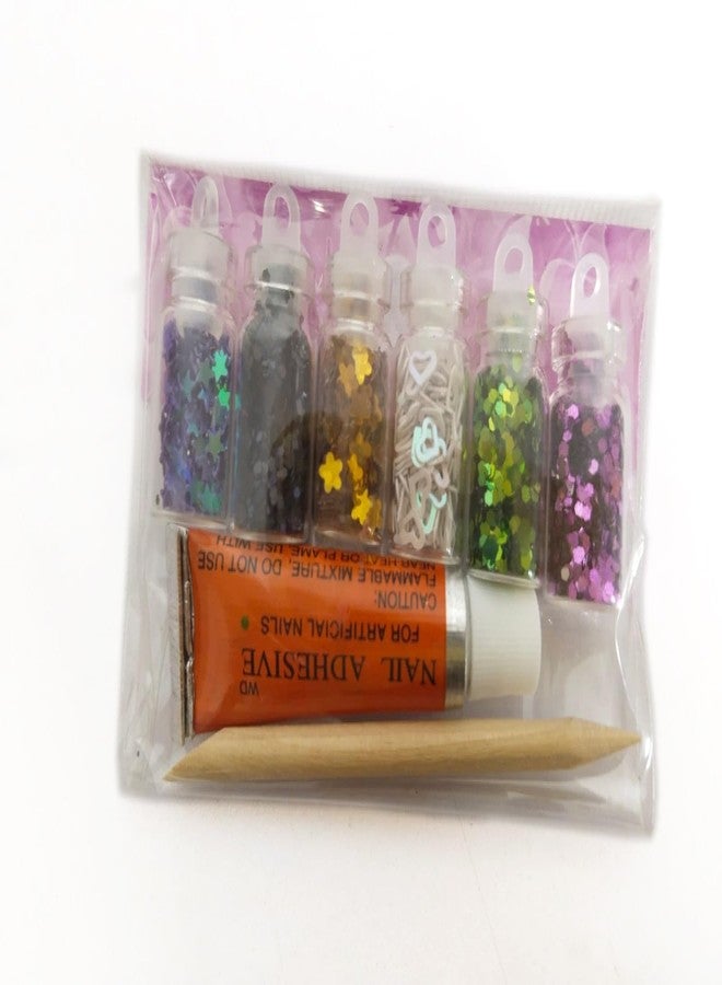 Ritzkart Mini Nail Art Kit with 6 Mini Glitter Bottle and Nail Adhesive for Artificial Nails and a Wooden Small Dotting Tool Best Gift for Baby Girls Home Salon (Pack of 3) - Image 1