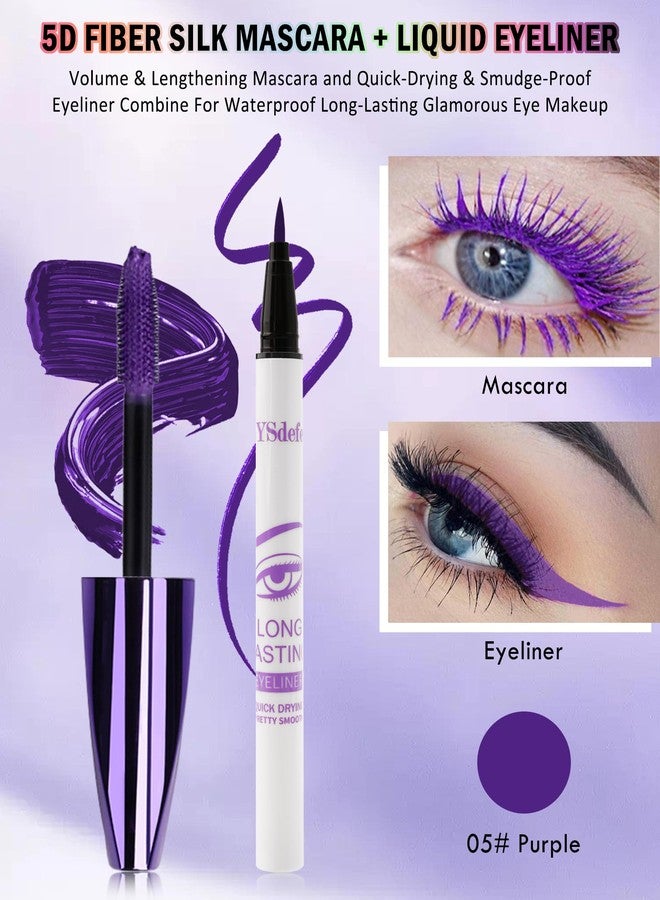 LYSdefeu Purple Mascara & Liquid Eyeliner Set,5D Waterproof Silk Fiber Colored Mascara Volume and Length,Longlasting Smudgeproof Color Eye Liner Pen,Mother's Day Colorful Eye Makeup Gift Kit for Women Girl-05 - Image 2