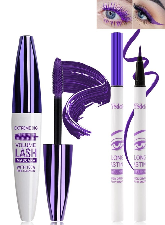 LYSdefeu Purple Mascara & Liquid Eyeliner Set,5D Waterproof Silk Fiber Colored Mascara Volume and Length,Longlasting Smudgeproof Color Eye Liner Pen,Mother's Day Colorful Eye Makeup Gift Kit for Women Girl-05 - Image 1