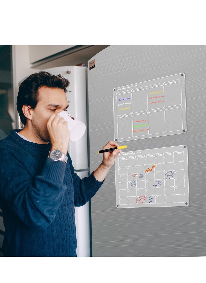 Generic - ItsyWorld Magnetic Dry Erase Calendar Board for Fridge,40CMx30CM Clear 2 Set Magnetic Acrylic Calendar Planner Board for Refrigerator, Reusable Calendar, MONTHLY planner and WEEKLY planner (16"x12") - Image 1
