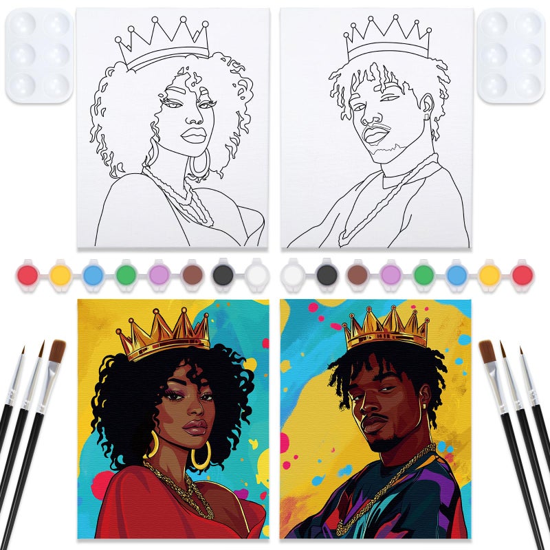 Nuberlic 2 Packs Urban King and Queen Pre Drawn Canvas Paint Kits for Two Adults Couple Sip and Paint Date Night Party Supplies 8x10 inch - Image 1