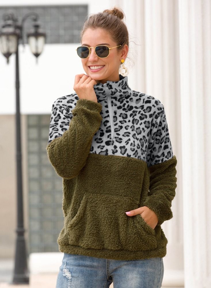 Loquat Zip Lapel Reversible Velvet Leopard Patch Pullover Multicolour 