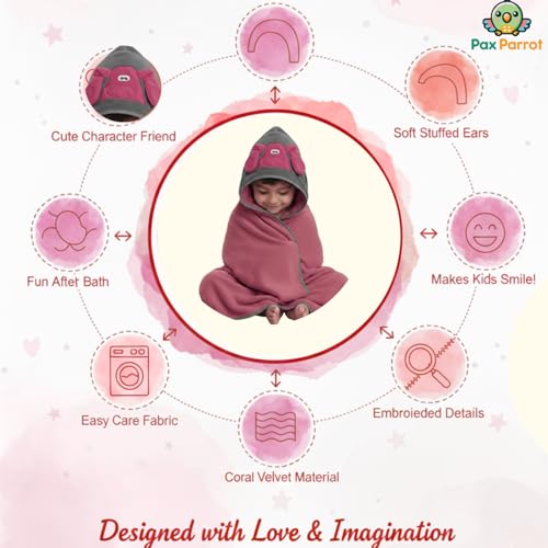 PAX PARROT Ultra-Soft Baby Hooded Towel – 100% Cotton Wrap Your Little one in Softness and Joy, Hypoallergenic & Super Absorbent Bath Wrap for Newborns & Toddlers | Cute Animal Design,(0-5Years) (Dusty Pink) - Image 2