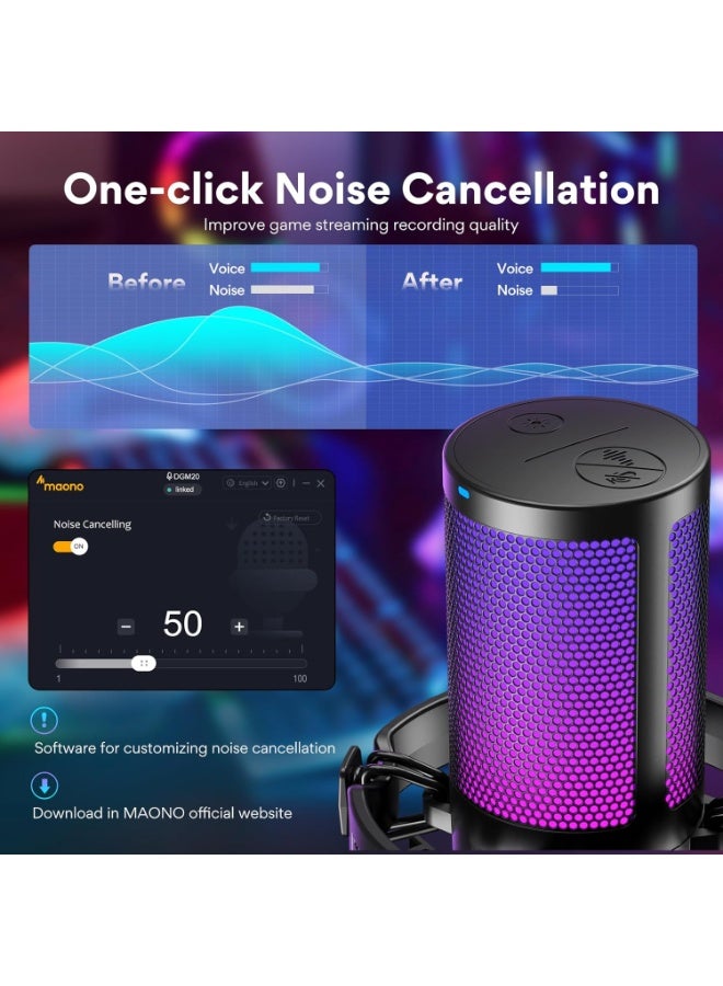 ماونو ميكروفون MAONO RGB المكثف للألعاب، ميكروفون USB للبث الصوتي مع خاصية إلغاء الضوضاء النشطة، وكسب الميكروفون، وكتم الصوت بنقرة واحدة، وإضاءة RGB قابلة للتعديل لتسجيل YouTube، والكمبيوتر الشخصي، والكمبيوتر المحمول (DGM20-أسود) - Image 2