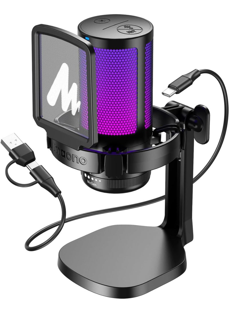 ماونو ميكروفون MAONO RGB المكثف للألعاب، ميكروفون USB للبث الصوتي مع خاصية إلغاء الضوضاء النشطة، وكسب الميكروفون، وكتم الصوت بنقرة واحدة، وإضاءة RGB قابلة للتعديل لتسجيل YouTube، والكمبيوتر الشخصي، والكمبيوتر المحمول (DGM20-أسود) - Image 1