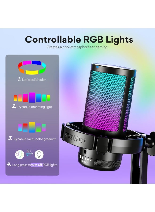 ماونو ميكروفون MAONO RGB المكثف للألعاب، ميكروفون USB للبث الصوتي مع خاصية إلغاء الضوضاء النشطة، وكسب الميكروفون، وكتم الصوت بنقرة واحدة، وإضاءة RGB قابلة للتعديل لتسجيل YouTube، والكمبيوتر الشخصي، والكمبيوتر المحمول (DGM20-أسود) - Image 3
