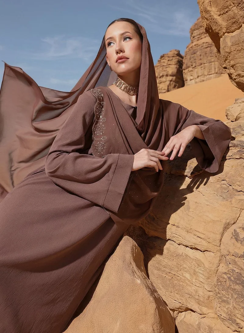 ISHIN Embroidered Woven Regular Light Brown Abaya with Hijab